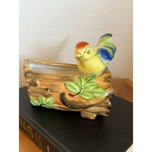 Vintage Ceramic Planter Glazed Finish Bird on a Log Made in Japan